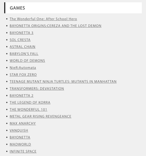 Vecchio indice dei giochi di PlatinumGames