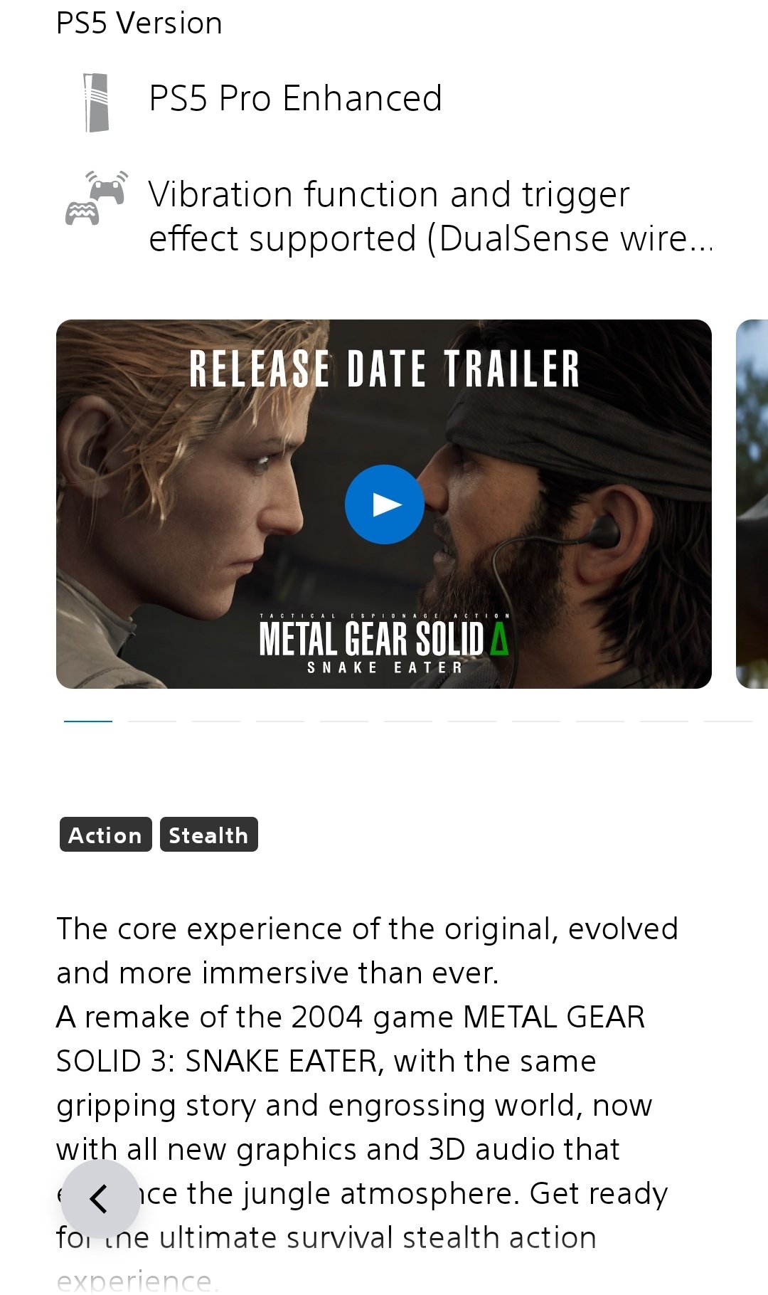 La pagina mobile di Metal Gear Solid Delta Snake Eater con il trailer della data di uscita