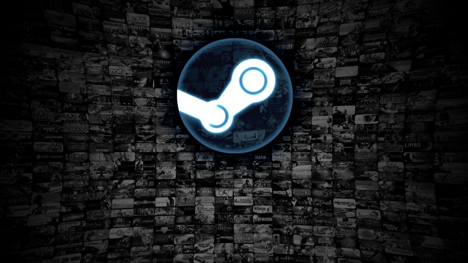 Il logo di Steam che sovrasta un'infinita quantità di videogiochi