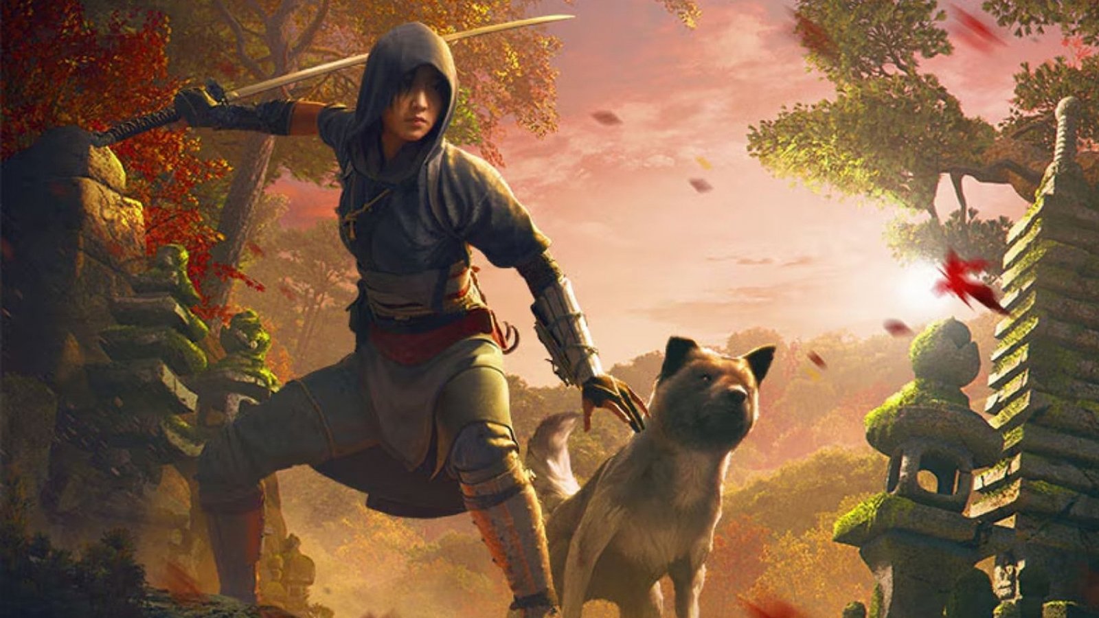 Naoe e un cane in un artwork di Assassin's Creed Shadows