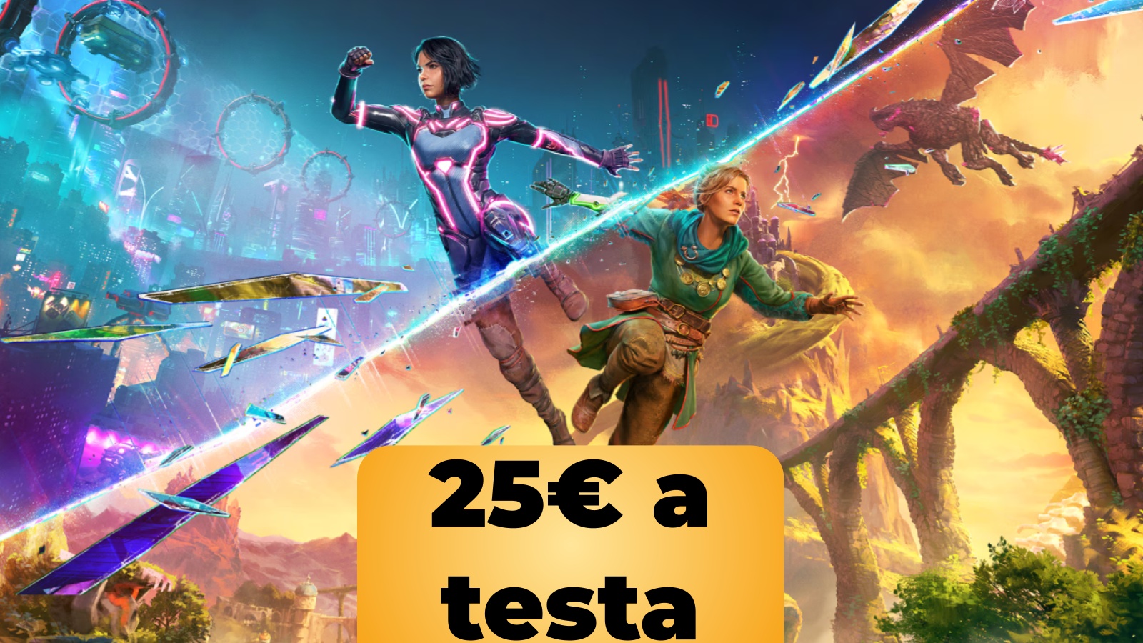 La cover di Split Fiction e la scritta '25€ a testa'