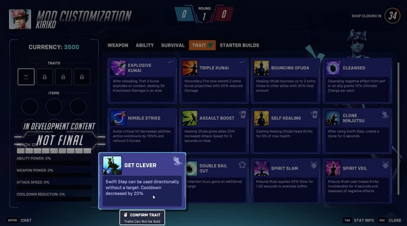 La schermata delle modifiche che saranno disponibili per Kiriko nella nuova modalità Stadium di Overwatch 2