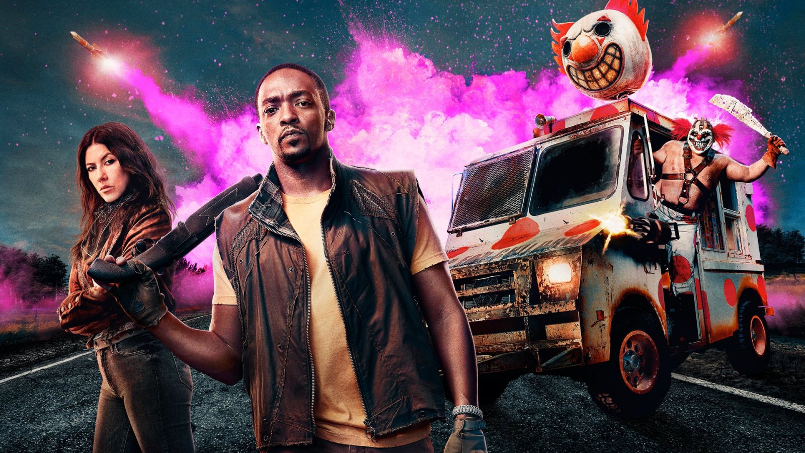 Un'immagine promozionale di Twisted Metal con John, Quieta e Sweet Tooth in bella vista