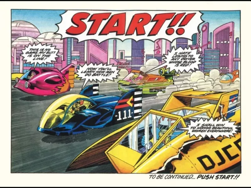 Il finale della storia a fumetti presente nel manuale di F-Zero coincide esattamente con l'inizio del gioco Il finale della storia a fumetti presente nel manuale di F-Zero coincide esattamente con l'inizio del gioco