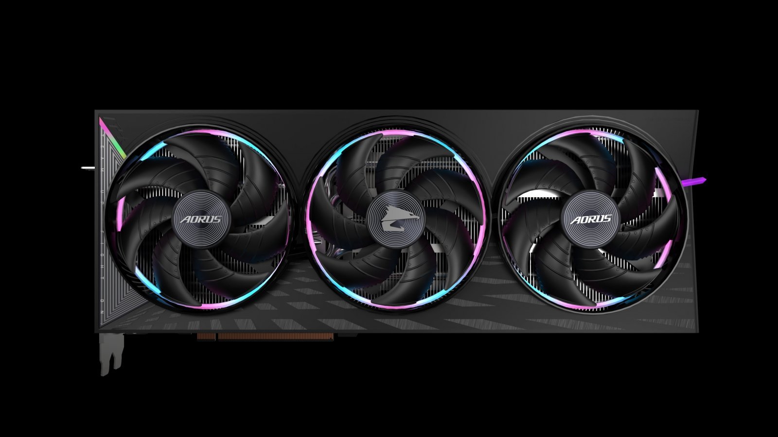 La vista frontale della GIGABYTE AORUS Radeon RX 9070 XT Elite OC Edition