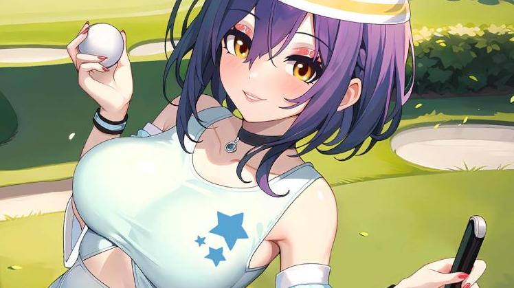 Una delle giocatrici di Hentai Golf con una palla in mano