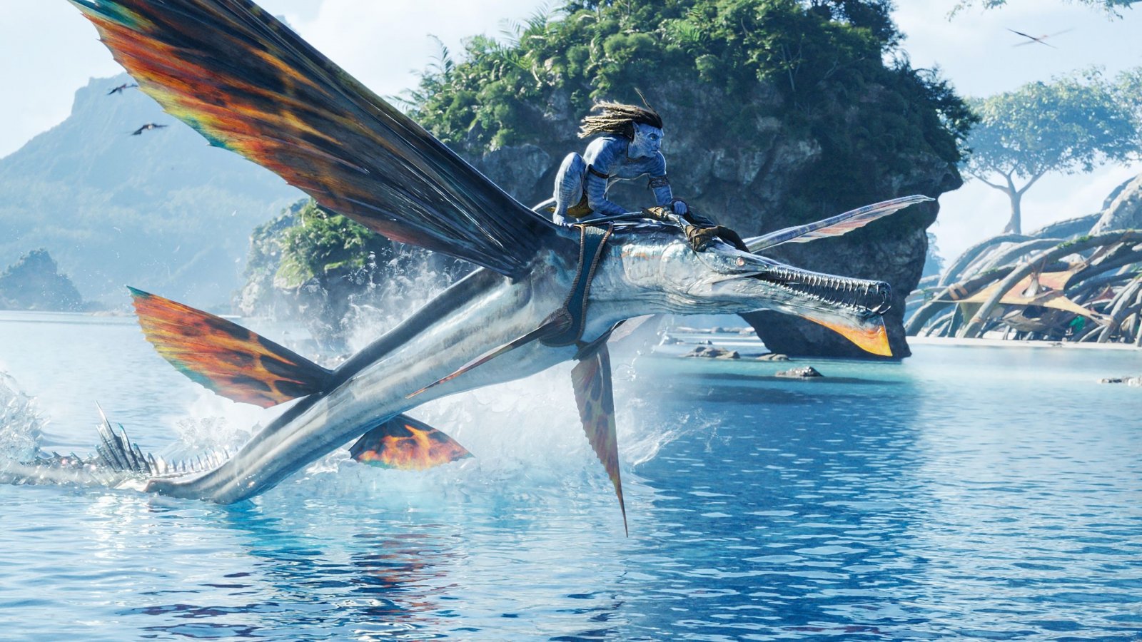 Un Na'vi in sella a un pesce volante in Avatar