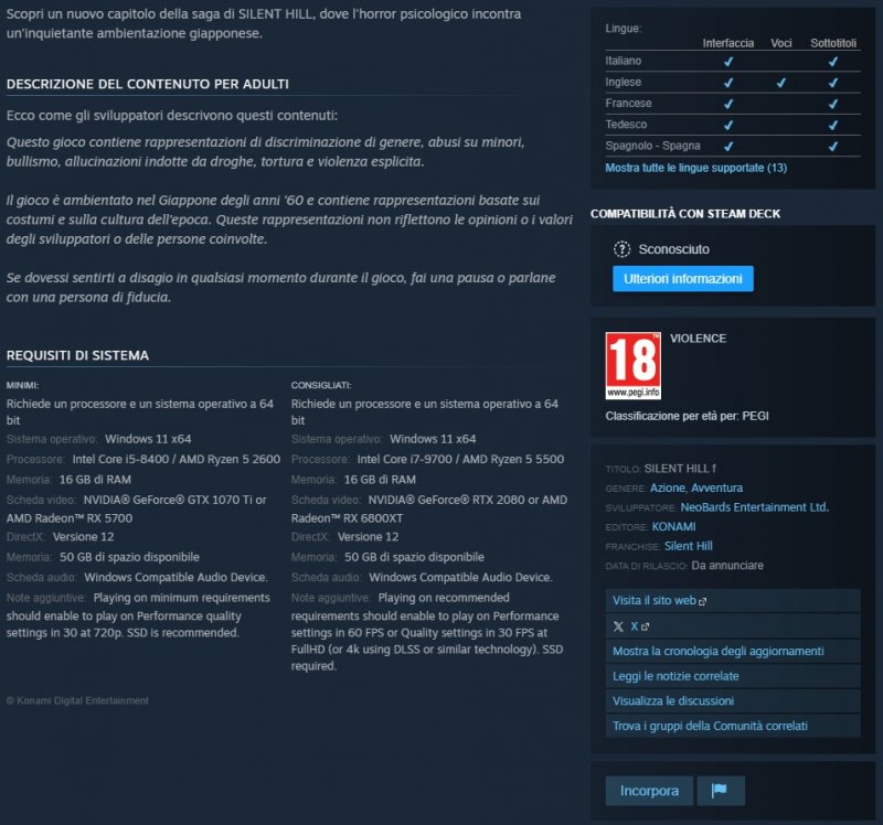 La pagina Steam di Silent Hill f con i requisiti