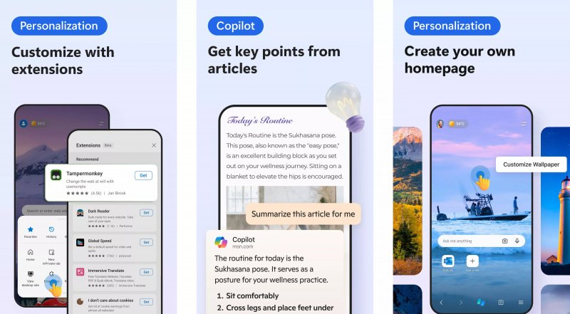 Le immagini con cui viene pubblicizzato l'arrivo delle estensioni su Microsoft Edge per Android