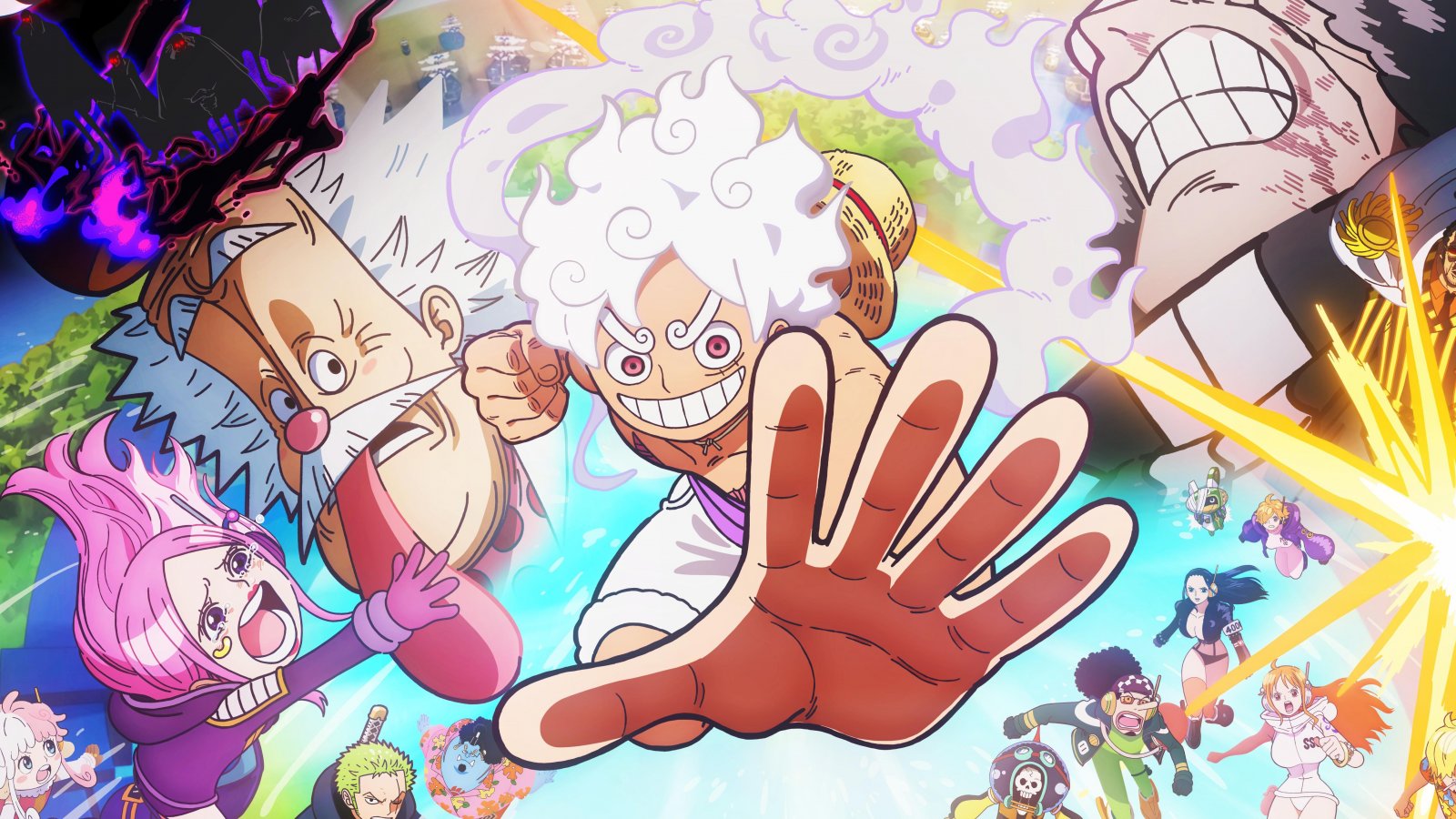 Vari personaggi di One Piece con al centro Luffy con i capelli bianchi e la mano tesa