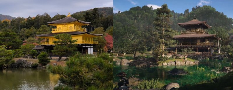 A sinistra il Kinkaku-ji nella vita reale, a destra quello di Assassin's Creed Shadows