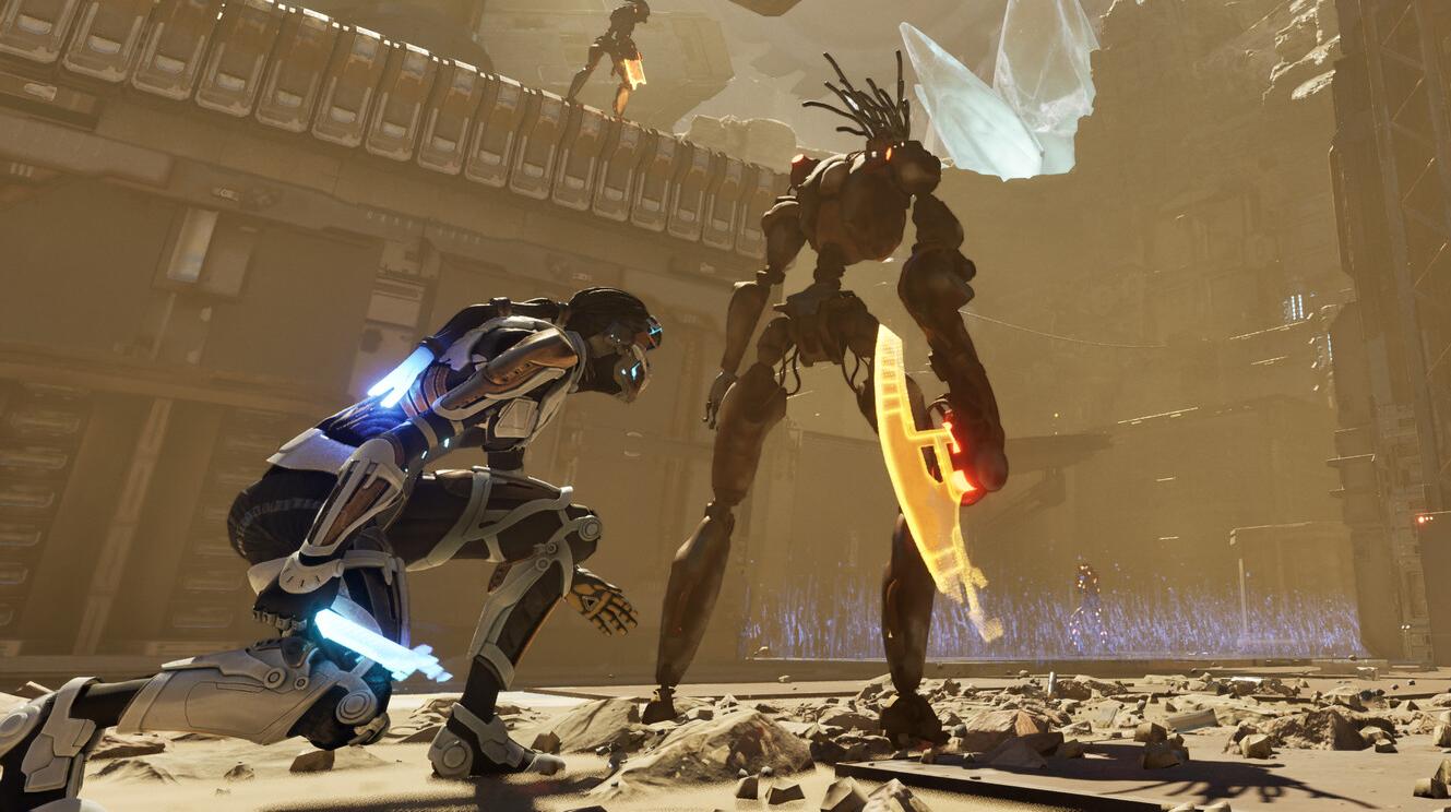 La protagonista di Steel Seed accucciata che sta per colpire un robot nemico