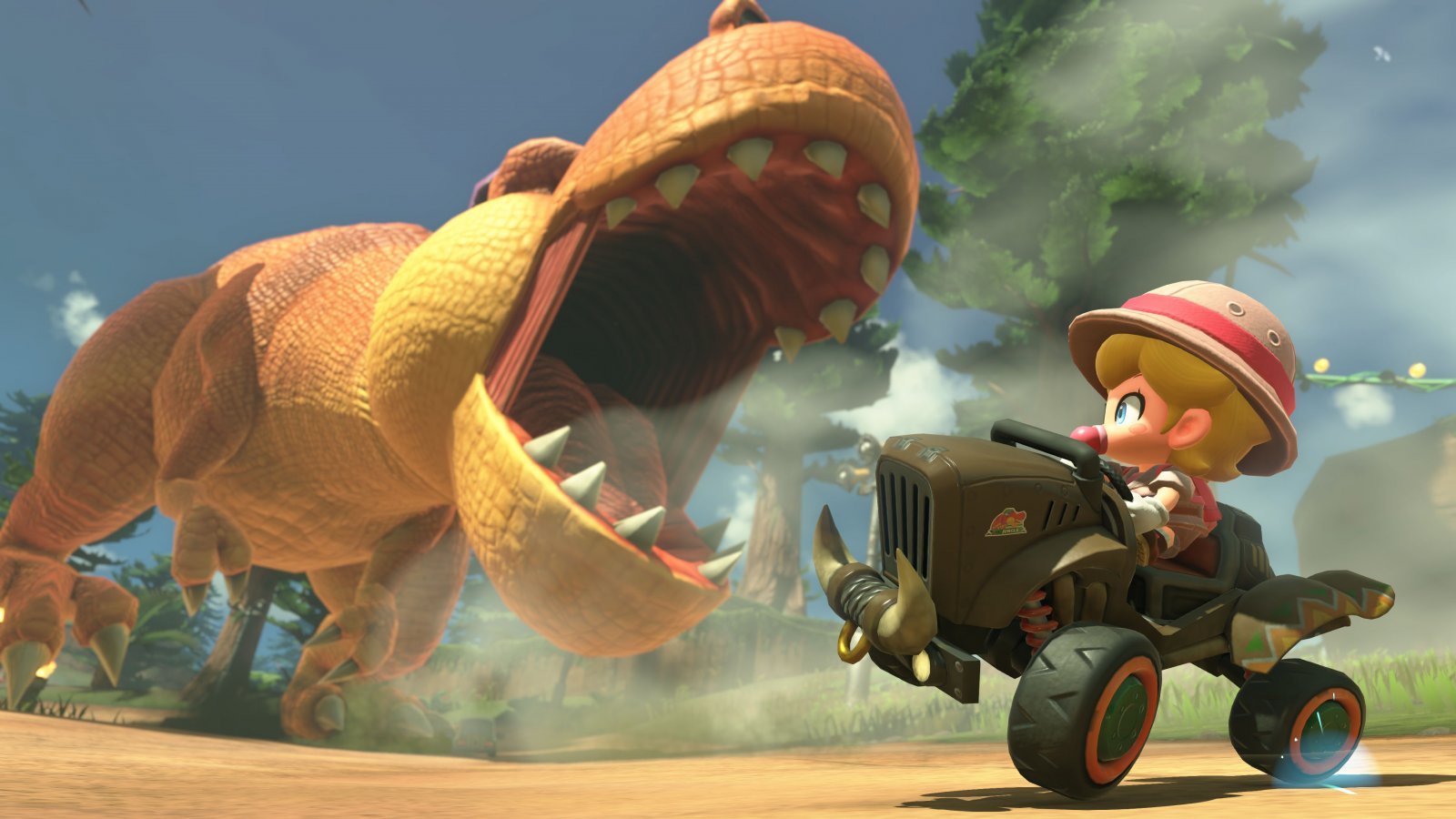 Un dinosauro che mangia Baby Peach in Mario Kart World