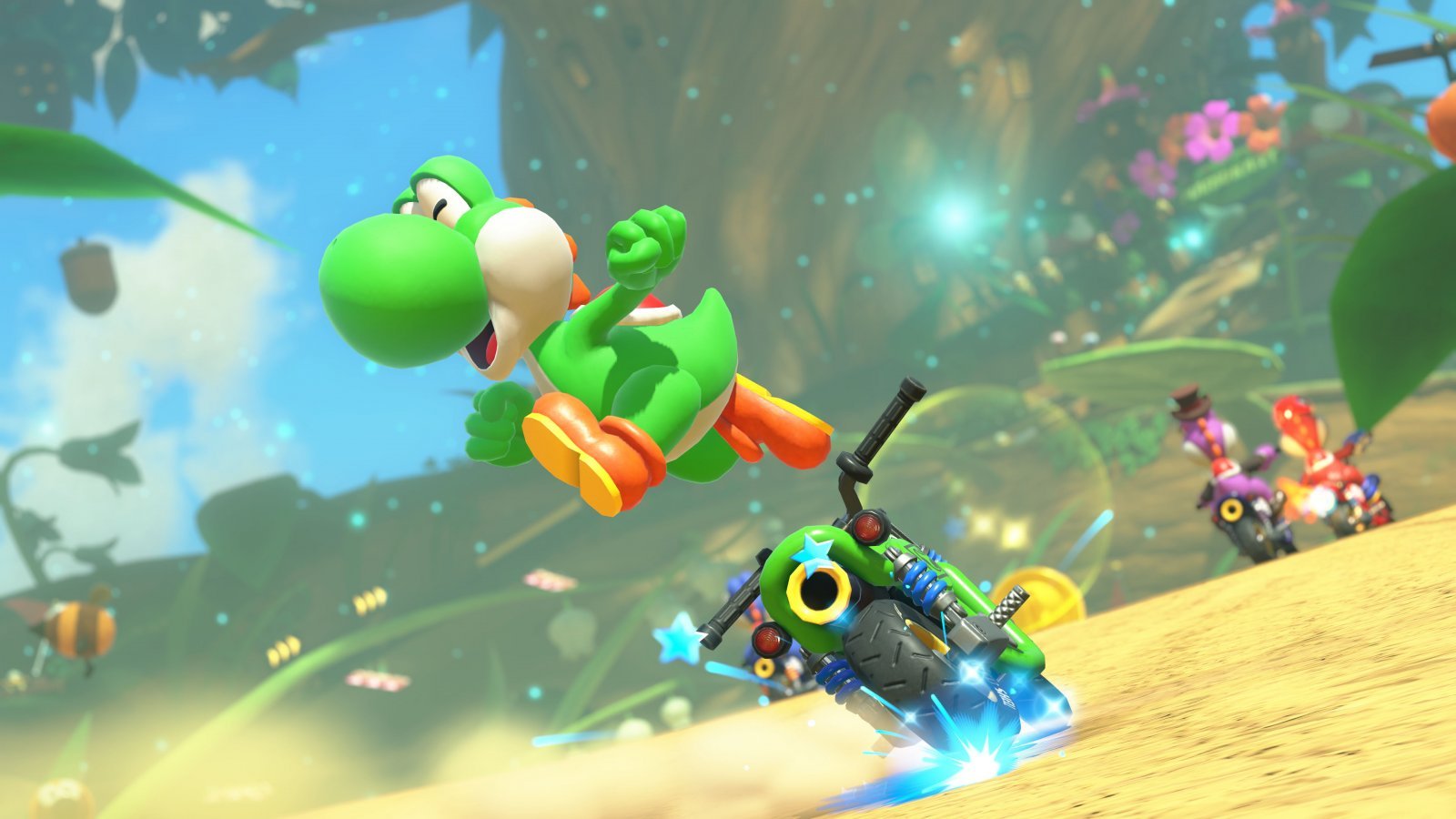 Yoshi che salta da una moto in Mario Kart World