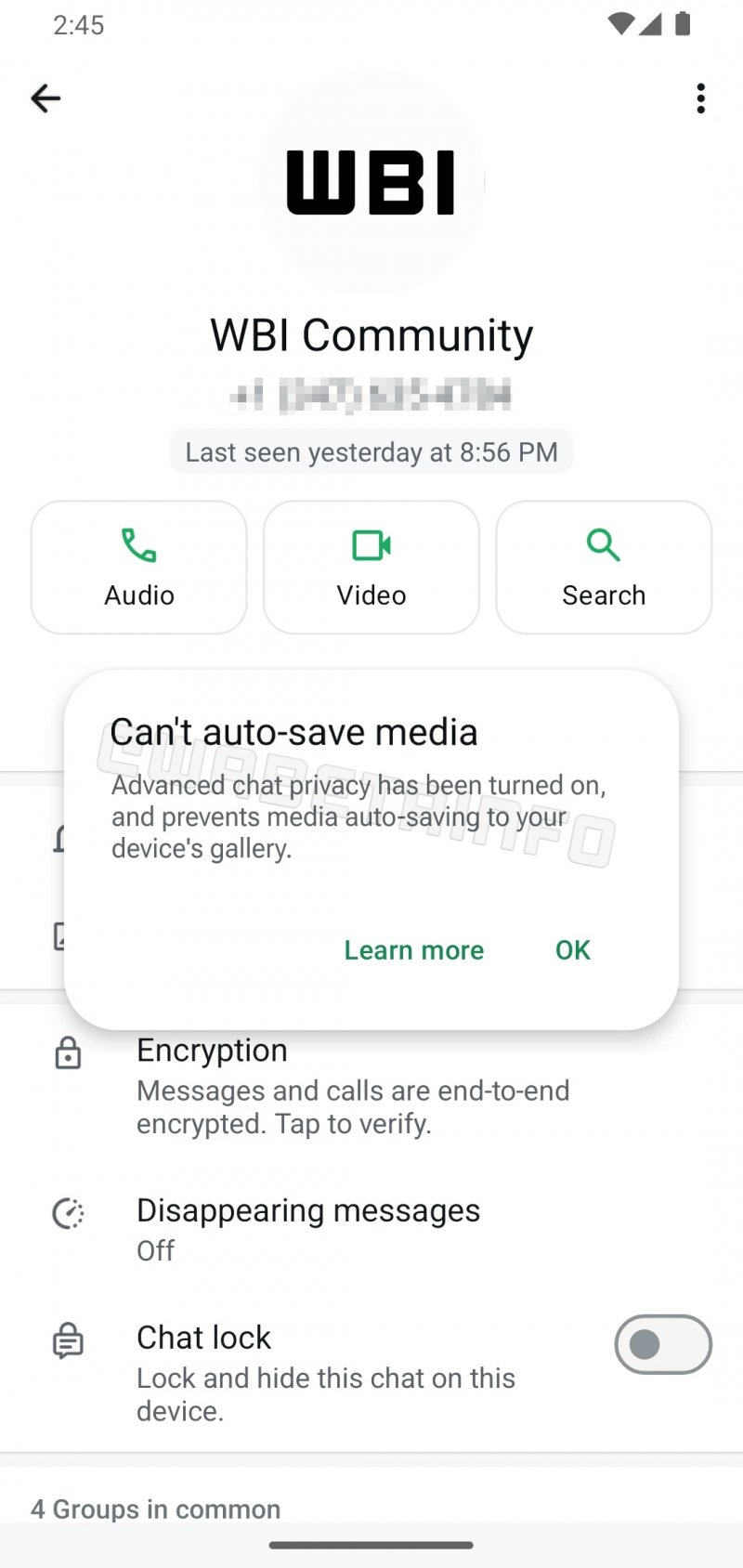 Advanced chat privacy può impedire anche il salvataggio automatico dei media su WhatsApp (fonte: wabetainfo)