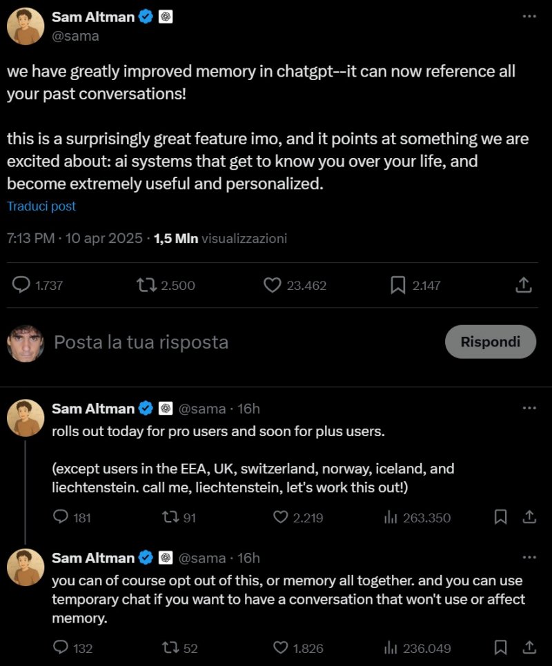 Il post su X di Sam Altman che annuncia l'aggiornamento di ChatGPT