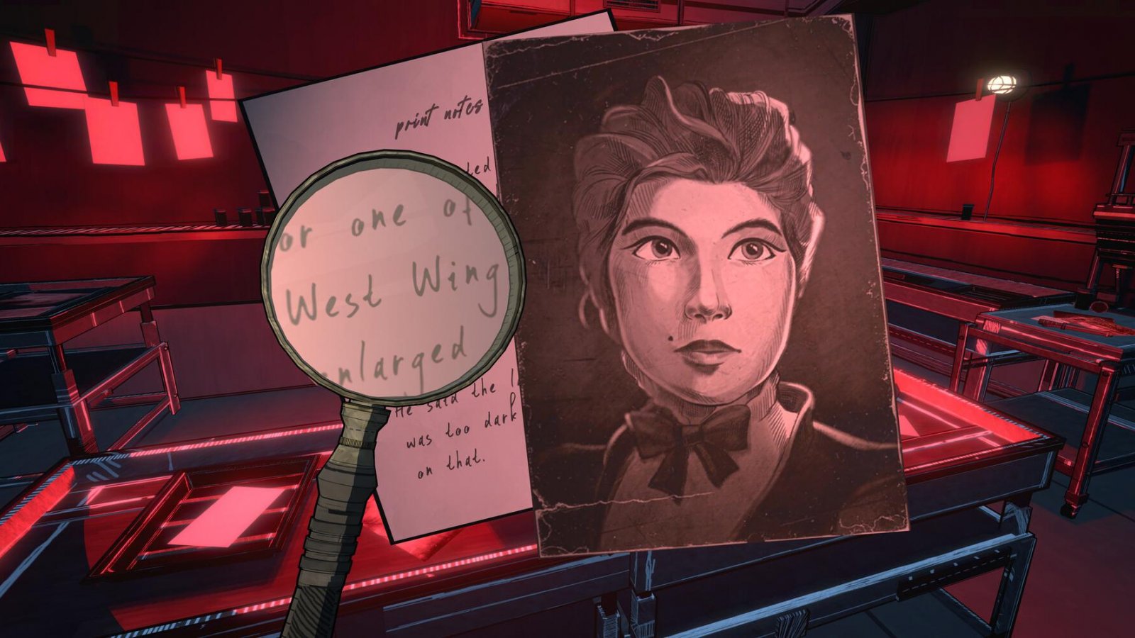 Una foto con un messaggio scritto e una lente di ingradindimento in Blue Prince