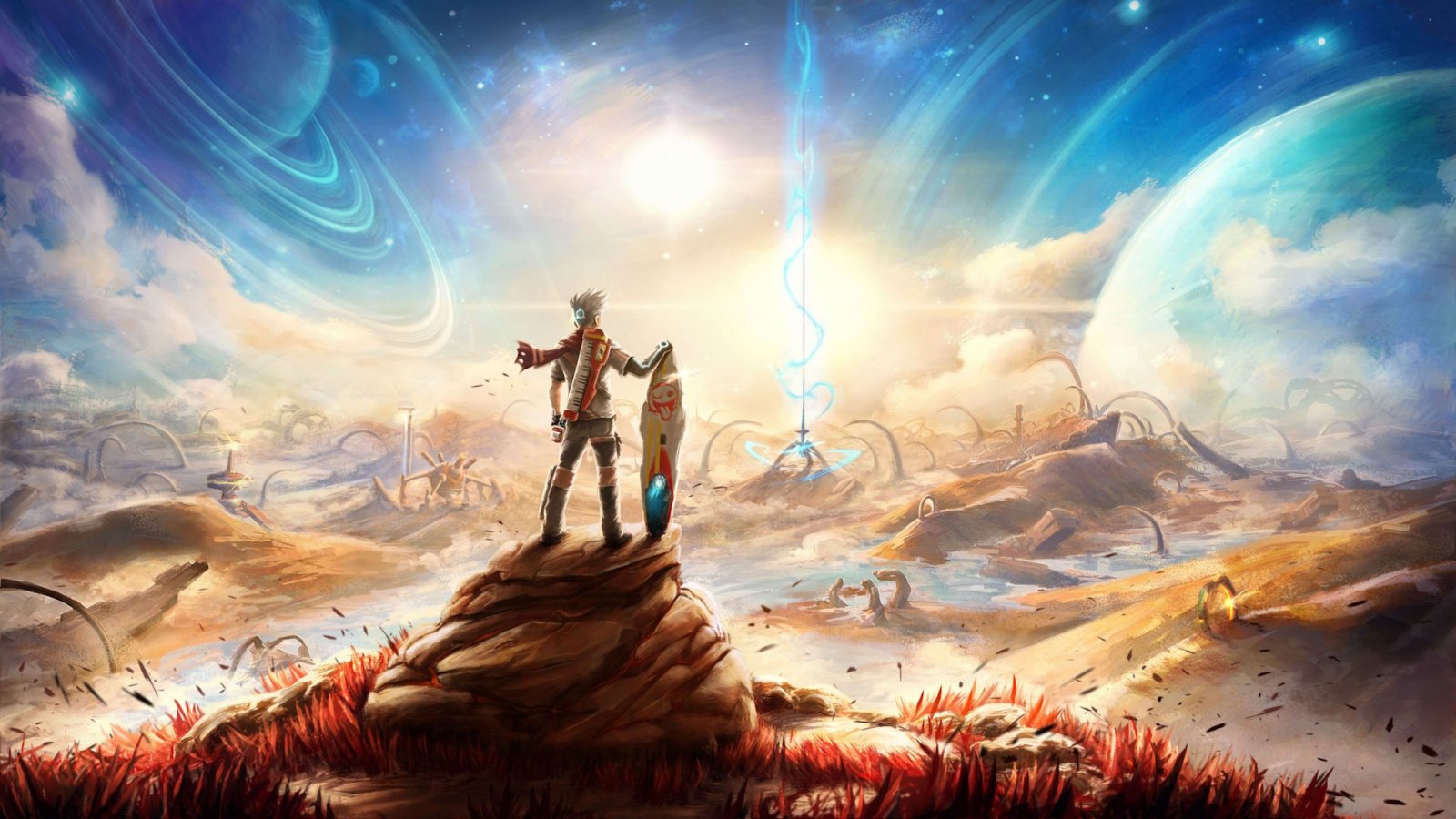 Un artwork di Star Overdrive in cui Bios ammira un panorama del pianeta Cebete