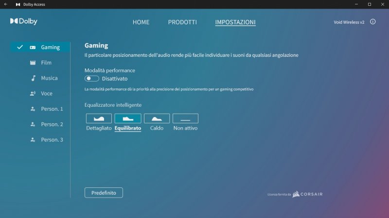 Dolby Access su PC vi offrirà un ulteriore grado di personalizzazione dell'esperienza acustica delle Corsair VOID WIRELESS V2 Dolby Access su PC vi offrirà un ulteriore grado di personalizzazione dell'esperienza acustica delle Corsair VOID WIRELESS V2
