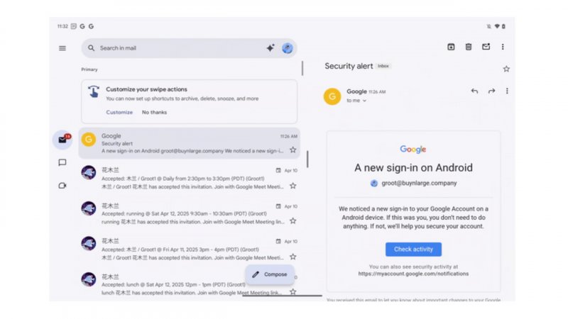 Il nuovo design dell'app Gmail per tablet