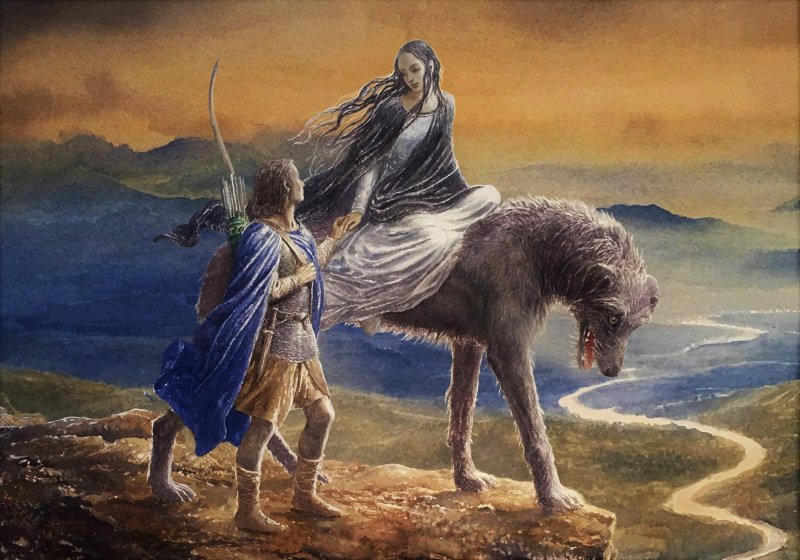 Beren e Lúthien a cavallo di un canide Beren e Lúthien a cavallo di un canide