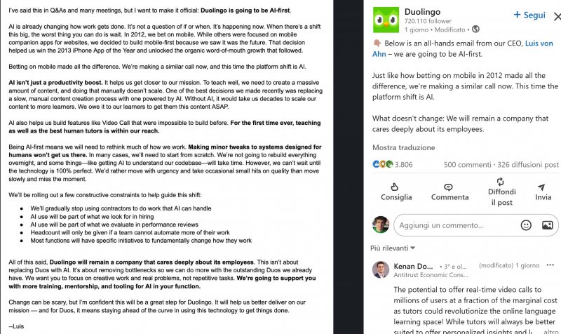 Il post pubblicato su LinkedIn dal co-fondatore e CEO Luis von Ahn