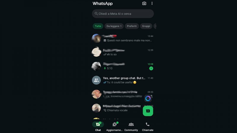 Come appare l'icona Meta AI e la barra di ricerca IA su WhatsApp Come appare l'icona Meta AI e la barra di ricerca IA su WhatsApp