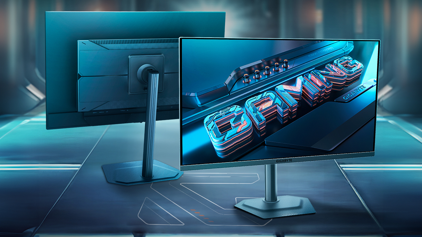 Una foto del monitor GIGABYTE MO27Q2 sia con vista frontale che sul retro
