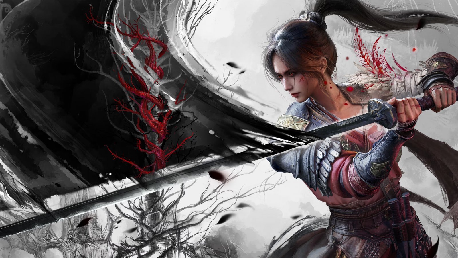 La protagonista di Wuchang: Fallen Feathers che impugna una spada con una scia nera
