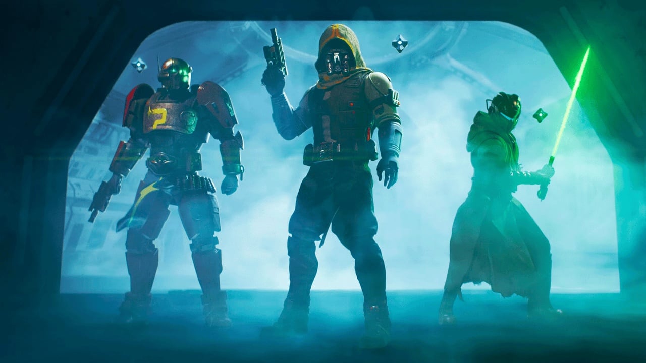 Tre personaggi di Destiny 2 I Ribelli con una spada laser verde