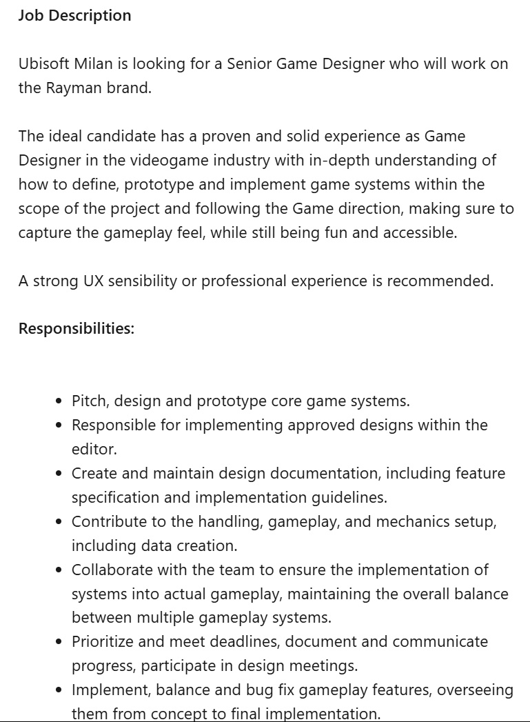 Il testo dell'annuncio di Ubisoft Milan Il testo dell'annuncio di Ubisoft Milan