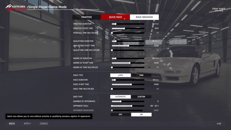 Sono veramente tante le impostazioni per la personalizzazione di un weekend di gara in Assetto Corsa EVO