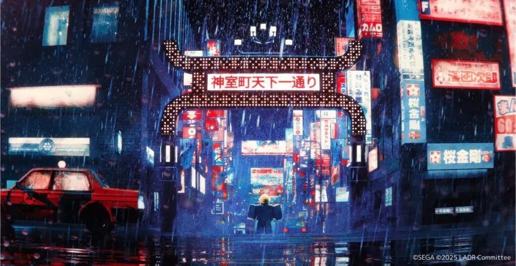 L'immagine ufficiale di Like a Dragon x Roblox che mostra una strada di Kamurocho