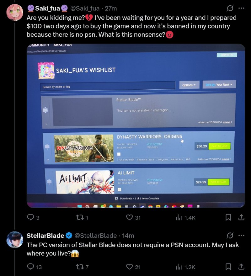 Lo scambio tra l'utente e l'account di Stellar Blade