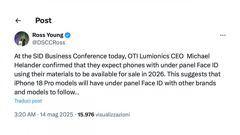 Le dichiarazioni di Ross Young su iPhone 18 Pro