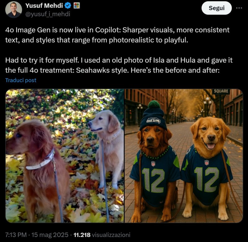 Il post X con cui Yusuf Mehdi, EVP e Consumer CMO di Microsoft, ha annunciato l'arrivo di 4o Image Gen