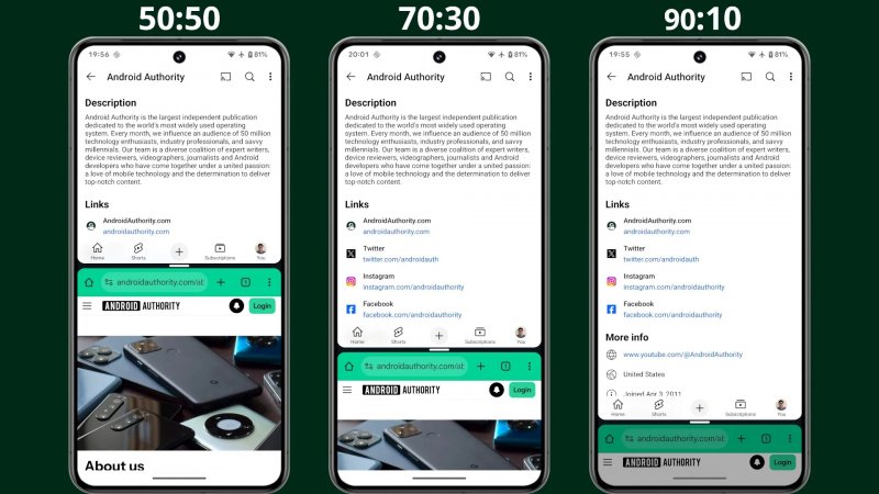 Le diverse tipologie di split-screen (fonte: Android Authority)
