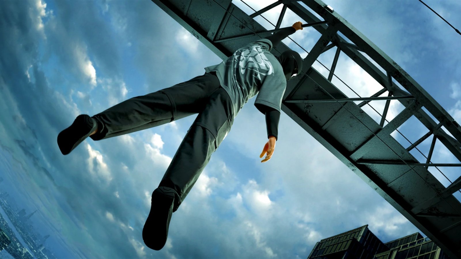 Un uomo appeso a una trave in Storror Parkour Pro