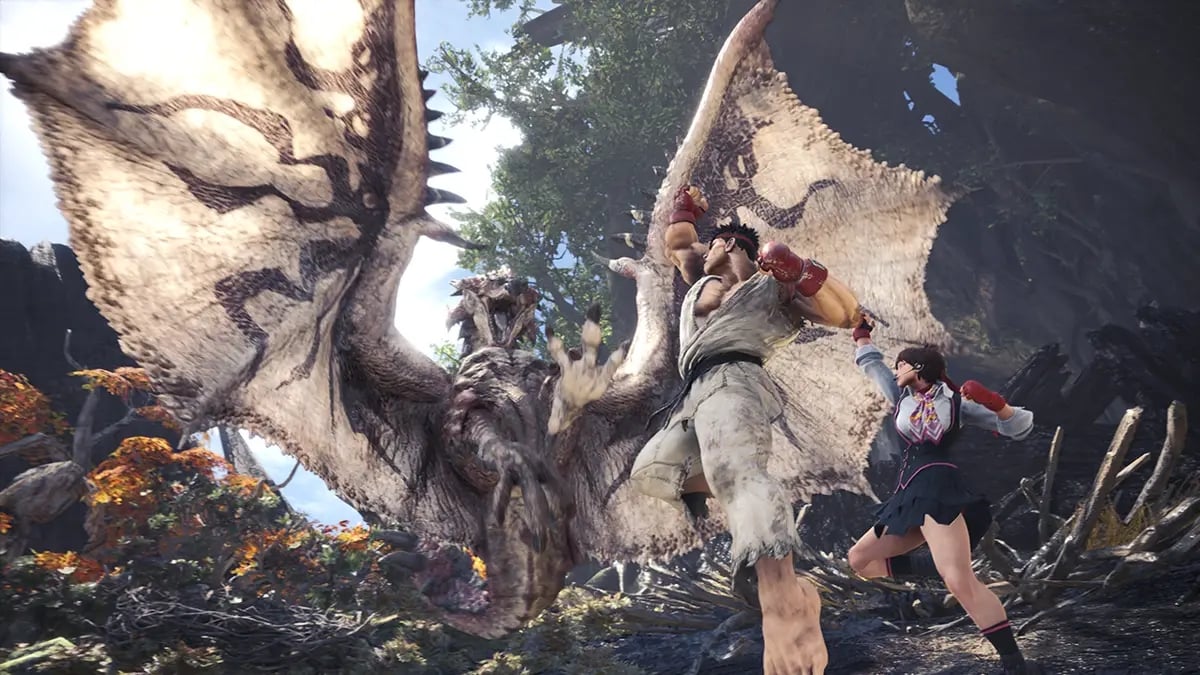 Ryu e Asuka affrontano un Rathalos in Monster Hunter