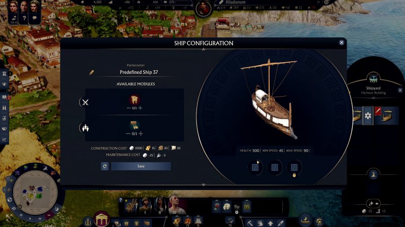 La schermata per modificare l'allestimento della nave che si vuole produrre, naturalmente le opzioni diventeranno maggiori quando verranno sbloccate le relative tecnologie