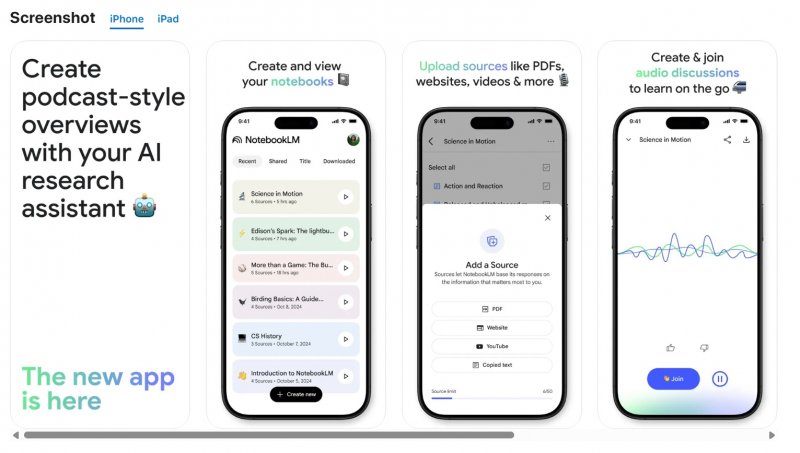 L'interfaccia dell'app iOS di NotebookLM