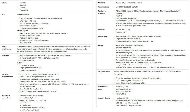 La scheda tecnica completa dell'Apple MacBook Air 13