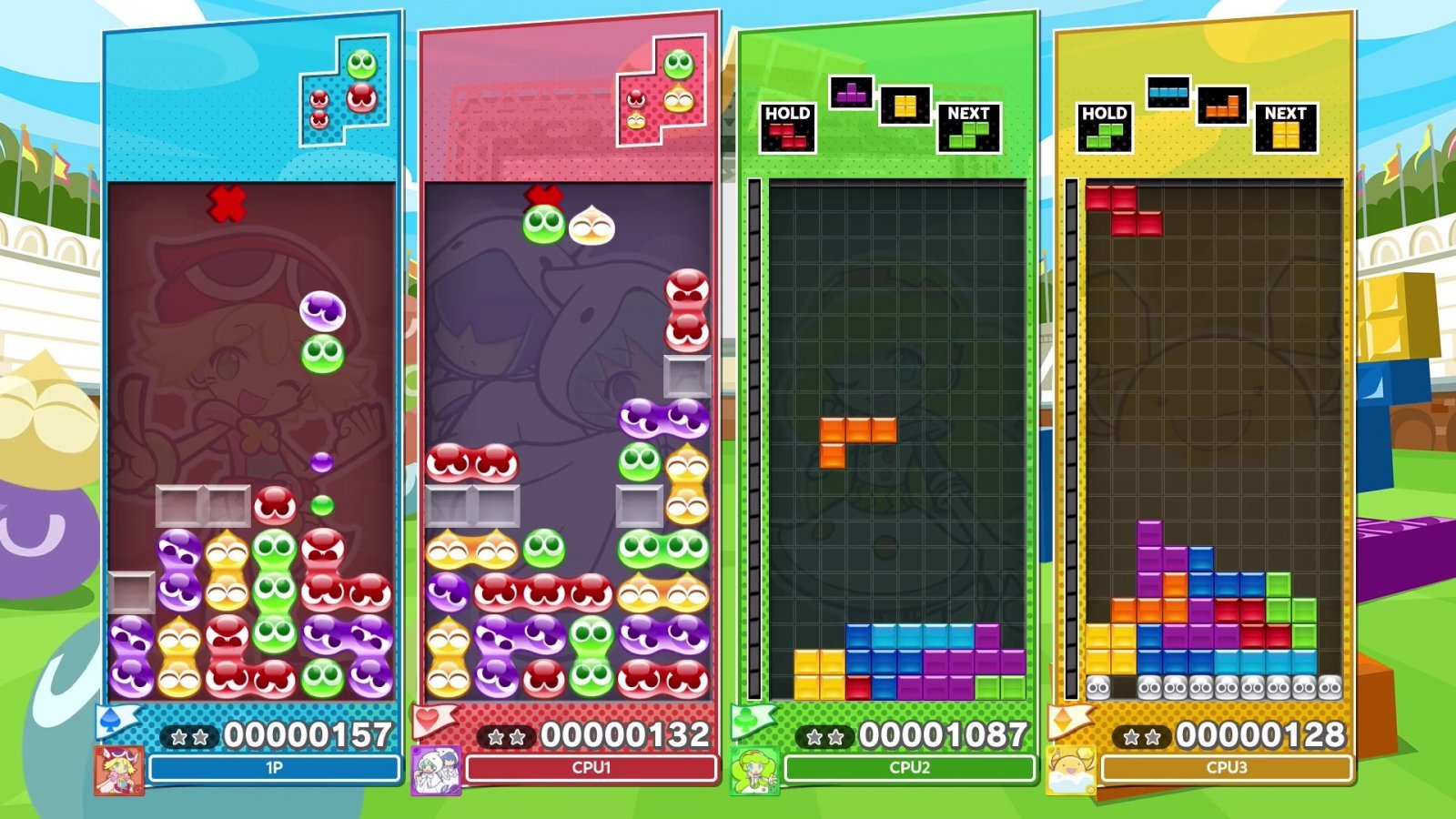 Una battaglia a 4 in Puyo Puyo Tetris 2S