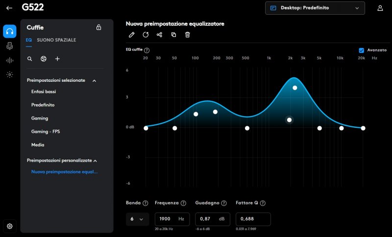 Nell'applicazione G-Hub è possibile definire un'equalizzazione parametrica e salvarla all'interno delle cuffie