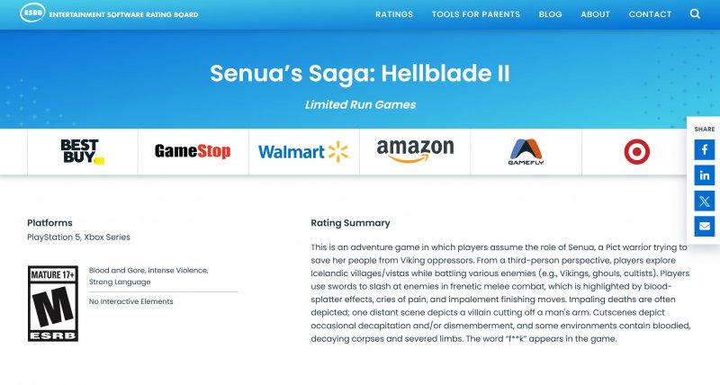 La classificazione dell'edizione fisica di Senua's Saga: Hellblade 2 presso la ESRB