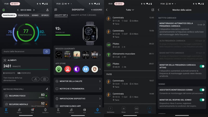 Elementi dell'interfaccia dell'app companion Zepp, dove ci sono varie panoramiche di salute e allenamento