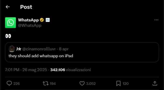 L'account X di WhatsApp risponde al post che suggerisce l'arrivo su iPad L'account X di WhatsApp risponde al post che suggerisce l'arrivo su iPad