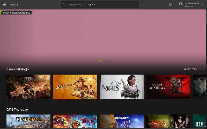 Questa è la schermata principale di GeForce Now una volta avviata l'app Questa è la schermata principale di GeForce Now una volta avviata l'app
