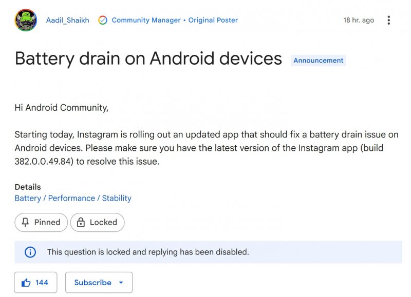 Il post di Google sul consumo della batteria causato da Instagram Il post di Google sul consumo della batteria causato da Instagram