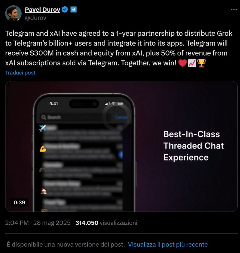 Il post originale di Durov, inizialmente rilanciato anche da Musk Il post originale di Durov, inizialmente rilanciato anche da Musk
